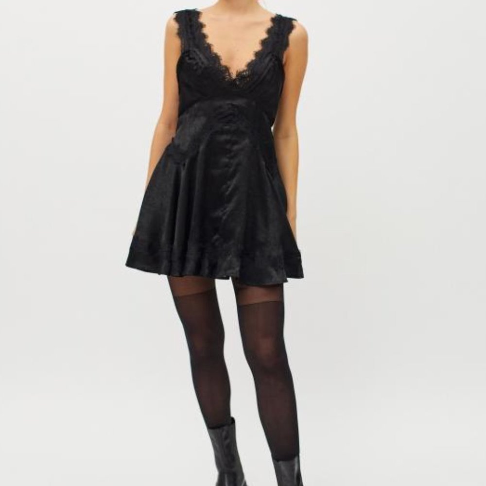 NWT Urban Outfitters Tiffany Satin Lace Mini Dress Black